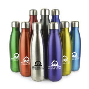 500ml double walled, stainless steel drinks bottle with screw top lid, coloured base and body. BPA & PVC free.