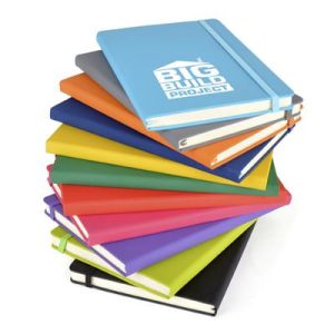 A5 PU soft finish 80 page lined notepad with book mark, pocket at back, pen loop and an elastic closure