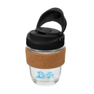 Milano Borosilicate Glass Cup with Black Lid and Cork Band (360ml)