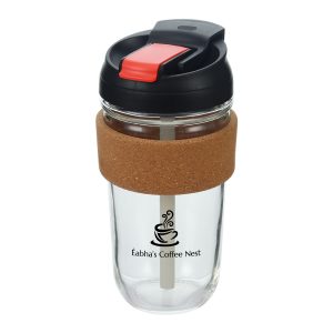 Turino Borosilicate Glass Cup with Black/Red Dual Function Lid and Cork Band (540ml)